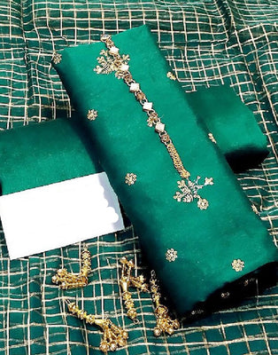 Banarsi Style Embroidered Raw Silk Dress with Organza Check Design Dupatta (DZ15385)