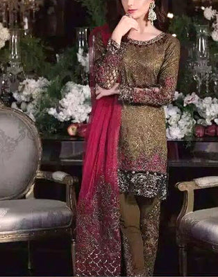 Embroidered Chiffon Wedding Dress with Embroidered Net Dupatta (DZ15504)