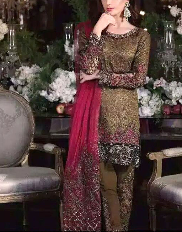 Embroidered Chiffon Wedding Dress with Embroidered Net Dupatta (DZ15504)
