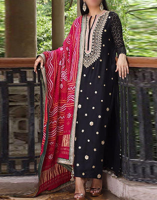 Handwork Heavy Embroidered Black Raw Silk Dress (DZ15544)