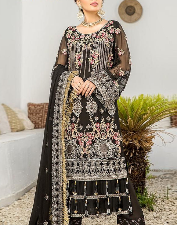 Heavy Embroidered Black Chiffon Wedding Dress (DZ15549)