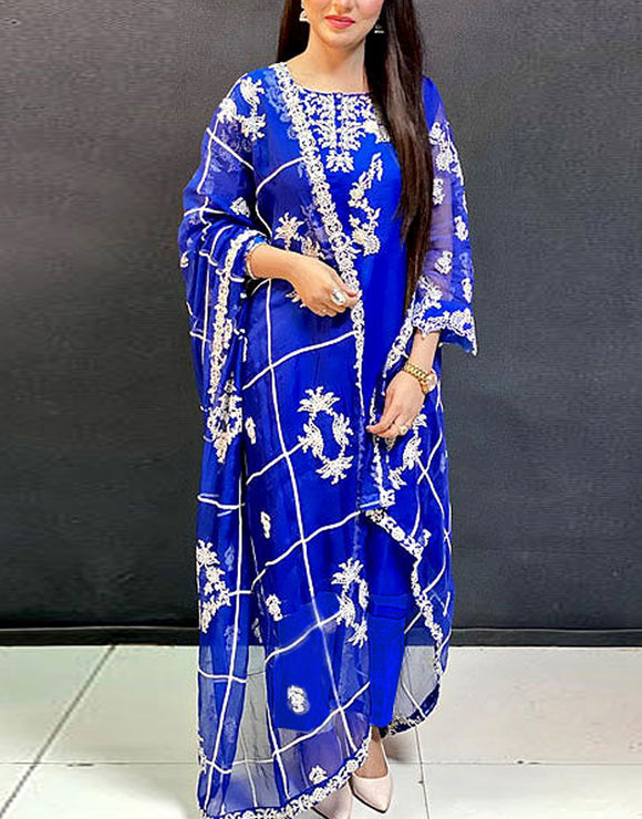 Embroidered with Handwork Organza Party Wear Dress (DZ15573)