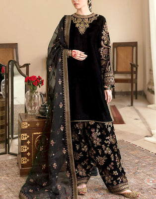 Luxury Embroidered Black Velvet Wedding Dress (DZ15589)