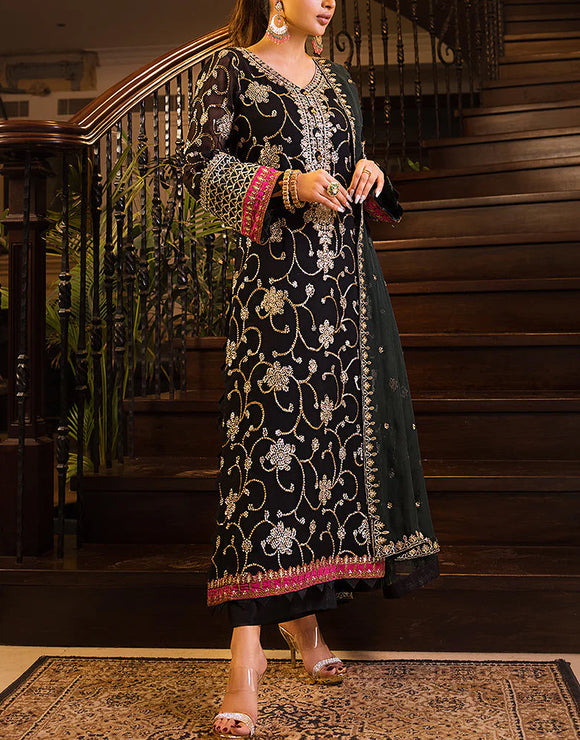 Heavy Embroidered Black Chiffon Wedding Dress (DZ15719)