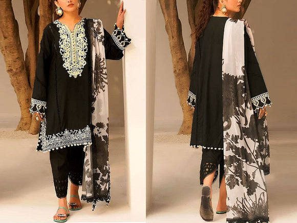Embroidered Black Lawn Dress 2023 with Chiffon Dupatta (DZ15917)