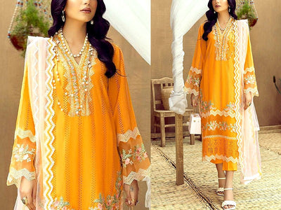 Luxury Schiffli Embroidered Lawn Dress with Embroidered Net Dupatta (DZ15929)