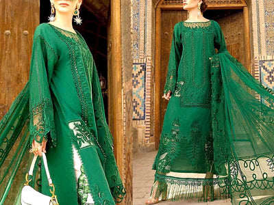 Schiffli Embroidered Lawn Dress with Embroidered Cotton Net Dupatta (DZ15933)