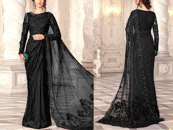 Luxury Embroidered with Handwork Black Net Saree 2023 (DZ15948)