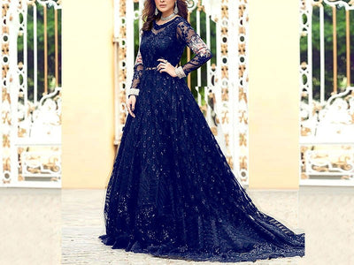 Handwork Heavy Embroidered Navy Blue Net Bridal Maxi Dress 2023 (DZ15951)
