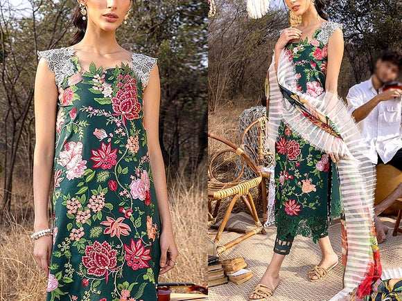 Heavy Embroidered Lawn Dress with Digital Print Silk Dupatta (DZ16089)