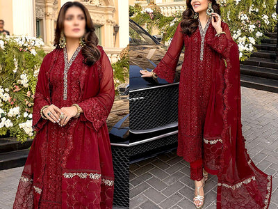 Heavy Embroidered Maroon Chiffon Wedding Dress 2023 (DZ16091)