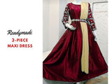 Readymade 3-Piece Embroidered Silk Maxi Dress with Chiffon Dupatta (DZ16226)