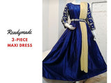 Readymade 3-Piece Embroidered Silk Maxi Dress with Chiffon Dupatta (DZ16227)