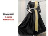 Readymade 3-Piece Embroidered Silk Maxi Dress with Chiffon Dupatta (DZ16228)