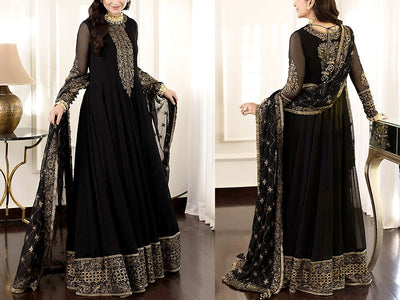 Embroidered Black Chiffon Maxi Dress with Embroidered Net Dupatta (DZ16358)