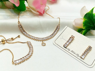 Stylish Crystal Stones Studded Necklace Set with Up-Down Bracelet & Earrings (DZ16382)