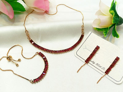 Stylish Red Stones Studded Necklace Set with Up-Down Bracelet & Earrings (DZ16383)