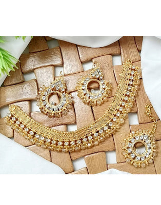 Elegant Champagne Stone Jewelry Set with Earrings & Tikka (DZ16384)