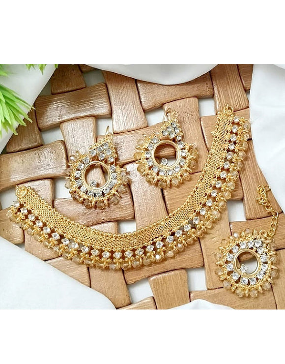 Elegant Champagne Stone Jewelry Set with Earrings & Tikka (DZ16384)