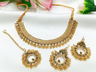 Elegant Champagne Stone Jewelry Set with Earrings & Tikka (DZ16384)