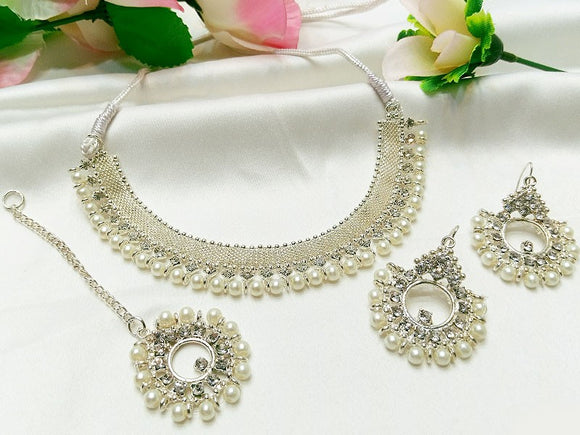 Elegant Silver Pearls Jewelry Set with Earrings & Tikka (DZ16385)