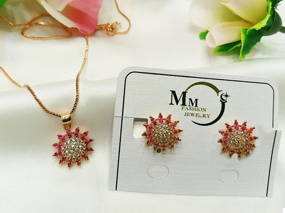Gold Plated Zircon Studded Sun Locket Set (DZ16392)