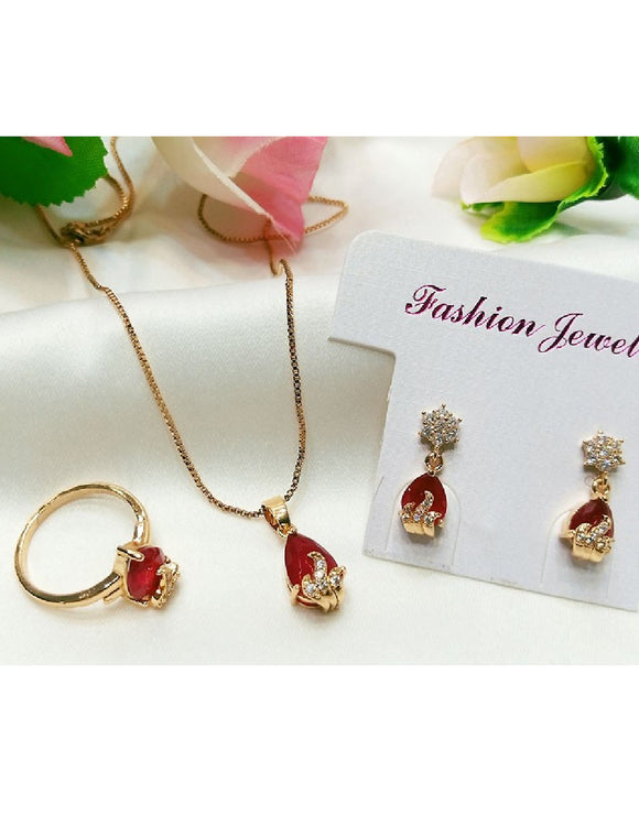 Beautiful Red Faux Ruby Necklace, Earrings & Ring Jewelry Set (DZ16393)