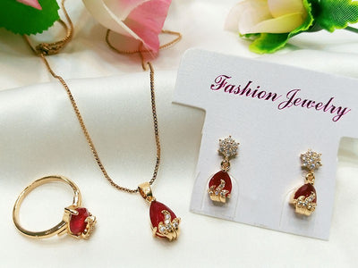 Beautiful Red Faux Ruby Necklace, Earrings & Ring Jewelry Set (DZ16393)