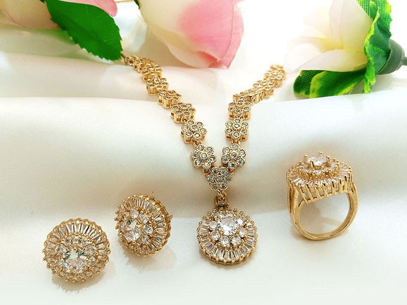 Gold Plated Party Wear Jewelry Set with Earrings & Rings (DZ16398)