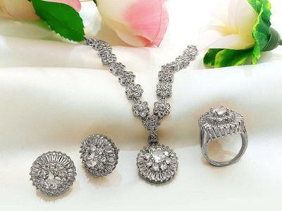 Elegant Silver Party Wear Jewelry Set with Earrings & Rings (DZ16399)