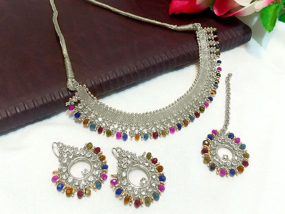 Multicolor Stones Silver Jewelry Set with Earrings & Tikka (DZ16401)