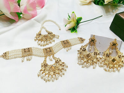 Faux Pearl Bridal Jewellery Set with Earrings and Maang Teeka (DZ16422)