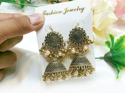Antique Style Golden Jhumki Earrings for Girls (DZ16435)