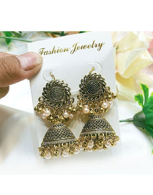 Antique Style Golden Jhumki Earrings for Girls (DZ16435)