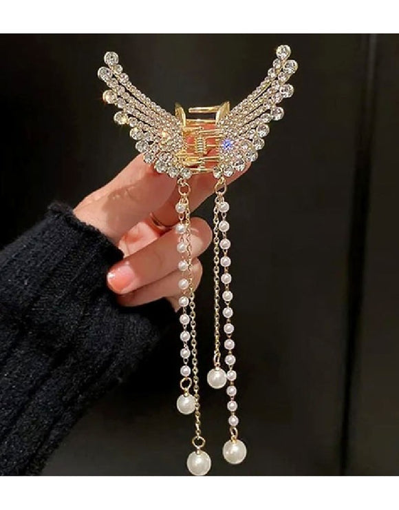 Rhinestone Pearl Angel Wings Design Hair Catcher - Golden (DZ16482)