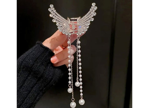 Rhinestone Pearl Angel Wings Design Hair Catcher - Golden (DZ16483)
