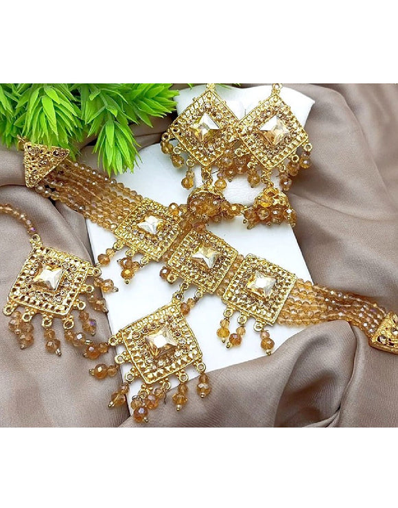 Stylish Champagne Stones Choker Set with Earrings & Teeka (DZ16496)
