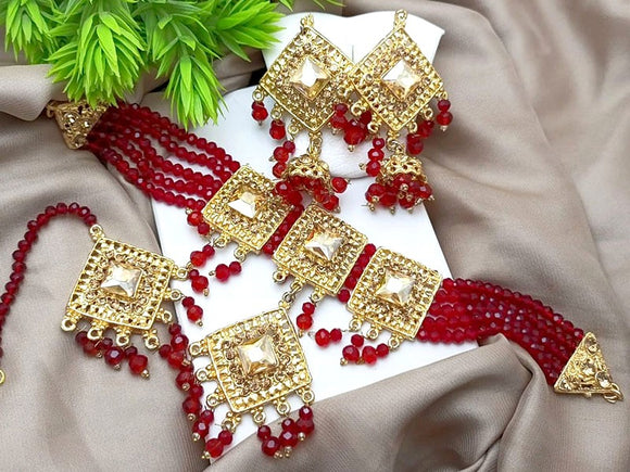 Stylish Red Stones Choker Set with Earrings & Teeka (DZ16497)