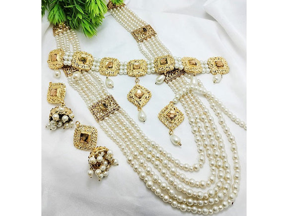 Indian Pearl Long Mala & Choker Set with Jhumkas & Teeka (DZ16498)