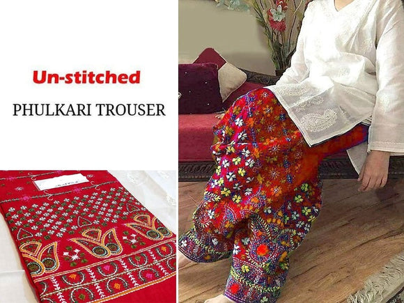 Unstitched Phulkari Embroidery Cotton Trouser Only - Red (DZ16500)