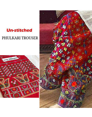 Unstitched Phulkari Embroidery Cotton Trouser Only - Red (DZ16500)