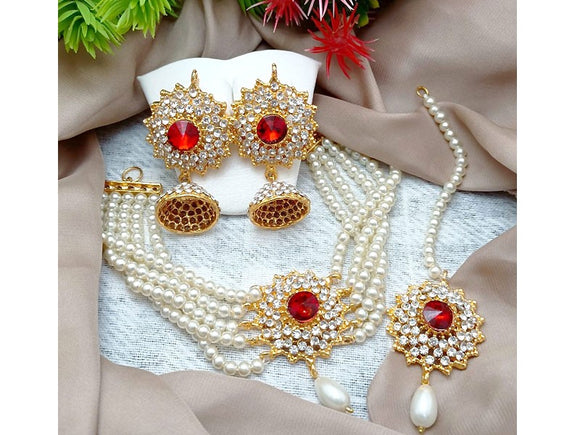 Elegant Pearl Choker Set with Jhumka Earrings & Teeka (DZ16507)