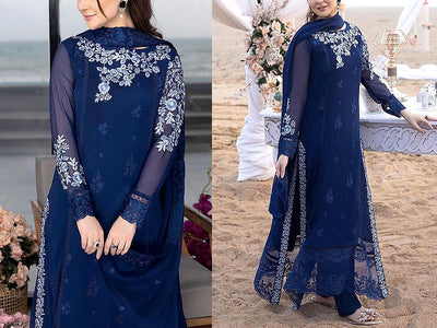 Elegant Embroidered Navy Blue Chiffon Party Wear Dress 2023 (DZ16514)