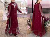 Elegant Embroidered Maroon Chiffon Party Wear Dress (DZ16515)