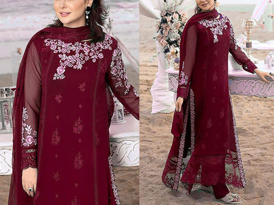 Elegant Embroidered Maroon Chiffon Party Wear Dress 2023 (DZ16515)