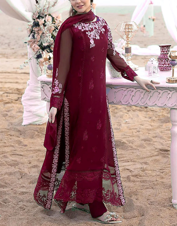 Elegant Embroidered Maroon Chiffon Party Wear Dress (DZ16515)