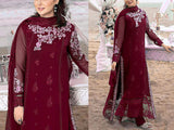 Elegant Embroidered Maroon Chiffon Party Wear Dress (DZ16515)