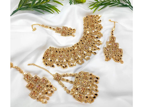 Heavy Bridal Jewellery Set with Earrings, Jhoomar & Tikka (DZ16520)