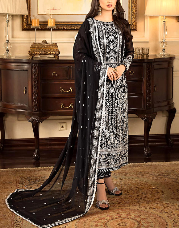 Heavy Embroidered Black Chiffon Wedding Dress (DZ16521)