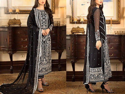 Heavy Embroidered Black Chiffon Wedding Dress 2024 (DZ16521)